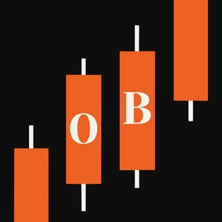 Candlestick chart showing three orange candles labeled O and B on black background, representing stock price movement data