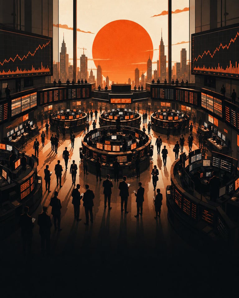 Stock exchange trading floor at sunset with large orange sun, cityscape silhouette, digital displays, and traders on the floor