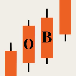 Candlestick chart showing three ascending orange bars labeled with letters O and B, representing stock market movement