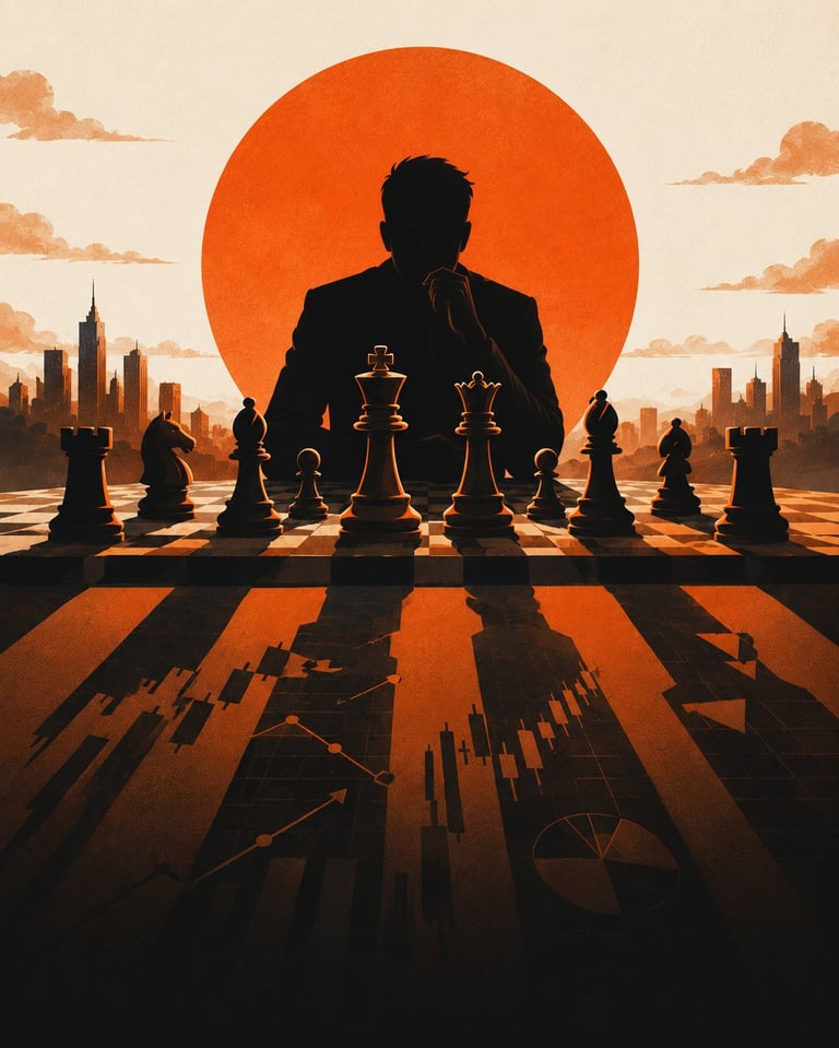 Silhouetted businessman standing behind chess pieces with city skyline and large orange sun at sunset