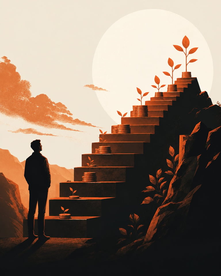 Silhouette of a person standing at the base of ascending glowing steps with orange plants, against a large moon at sunset.