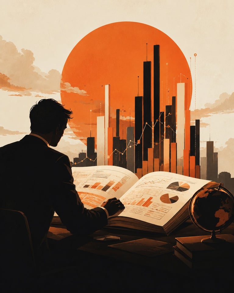 Silhouette of businessman reviewing financial charts and data with a cityscape and sun in the background, symbolizing business analysis and growth.
