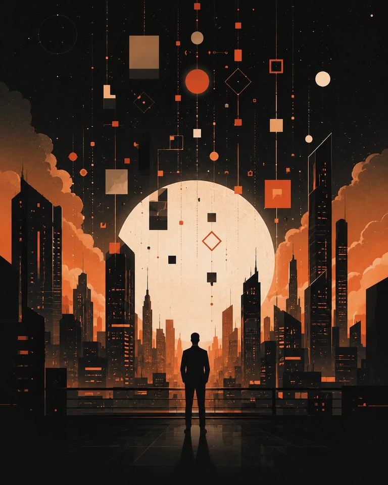 Silhouetted figure standing before a glowing moon with orange cityscape and floating geometric shapes in dark sky