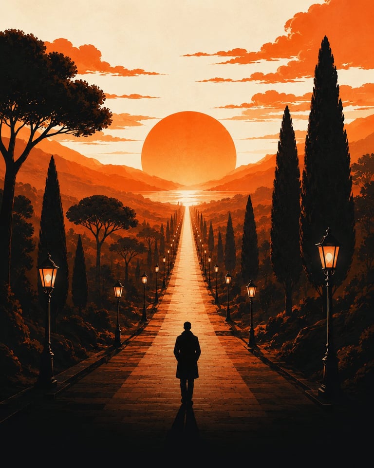 Solitary figure standing on a tree-lined path at sunset with large orange sun on horizon and cypress trees silhouetted against golden sky.