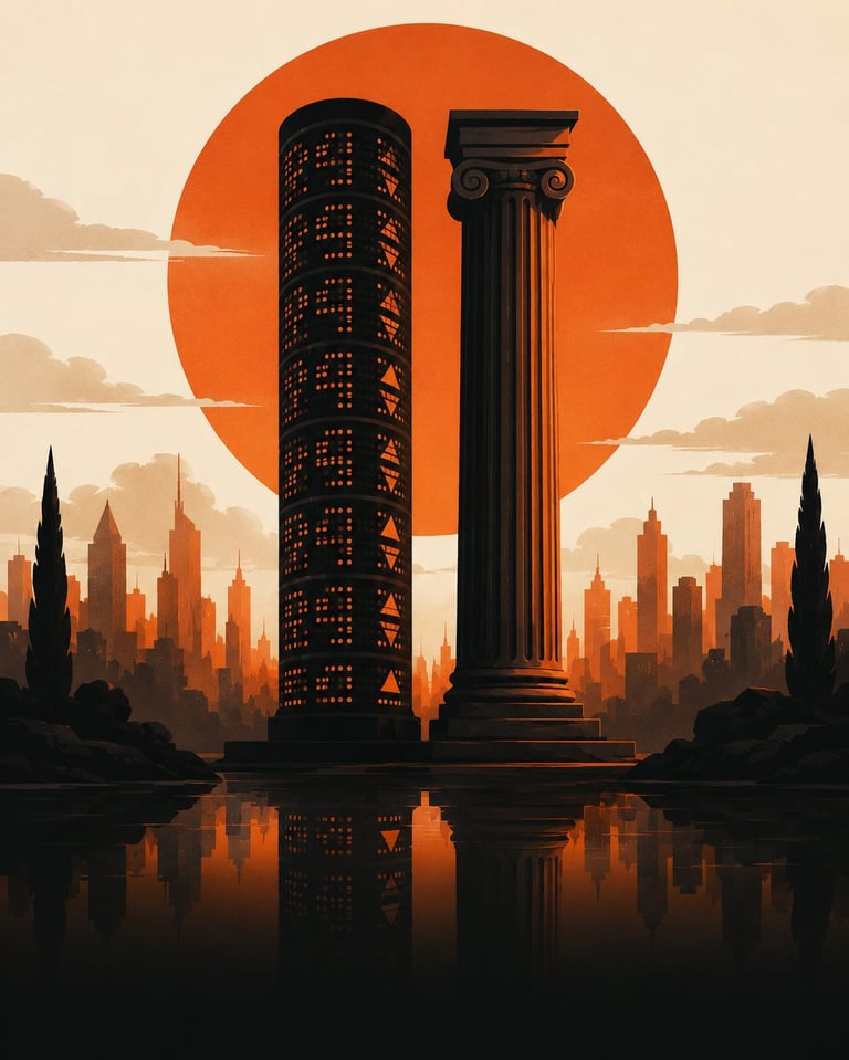 Artistic illustration of a futuristic cityscape with a large sun and tall cylindrical tower reflected in water at dusk