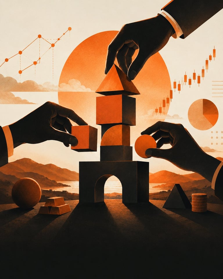 Three silhouetted hands stacking orange and black blocks with financial charts and sunset landscape in the background