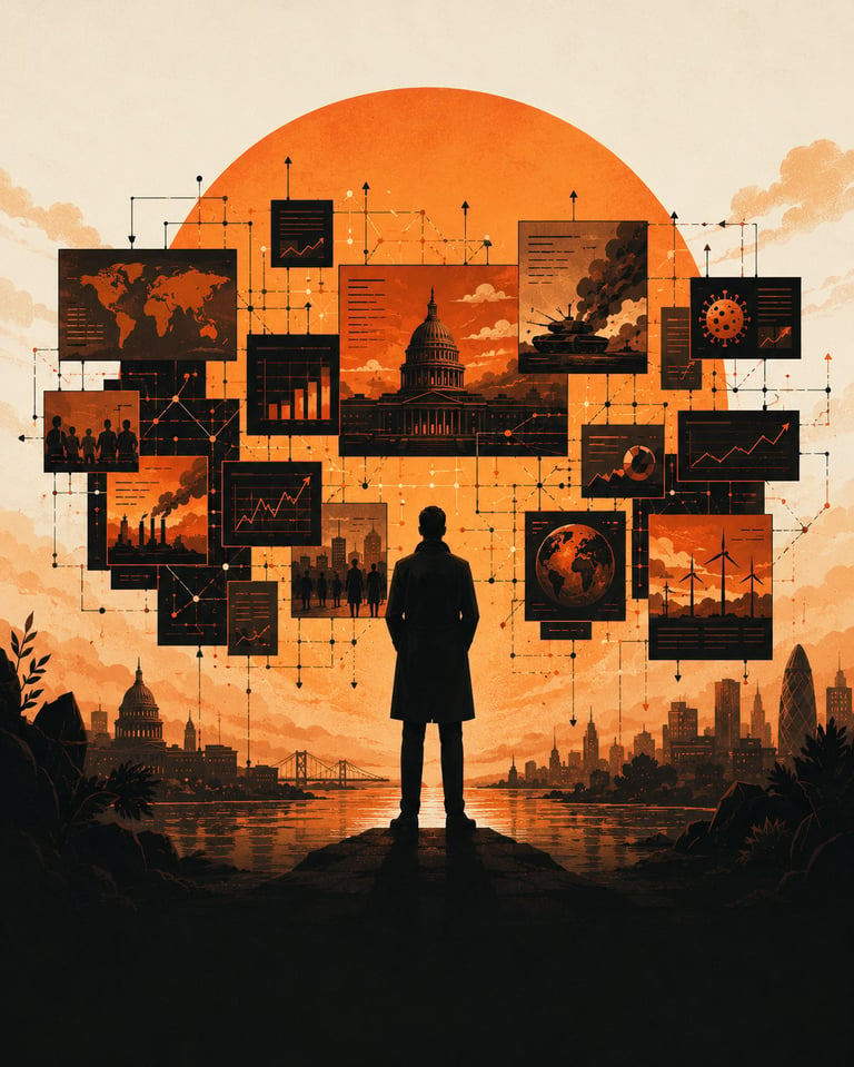 Silhouetted figure standing before large orange sun filled with data visualization charts, graphs, and global imagery representing business analytics and global connections.