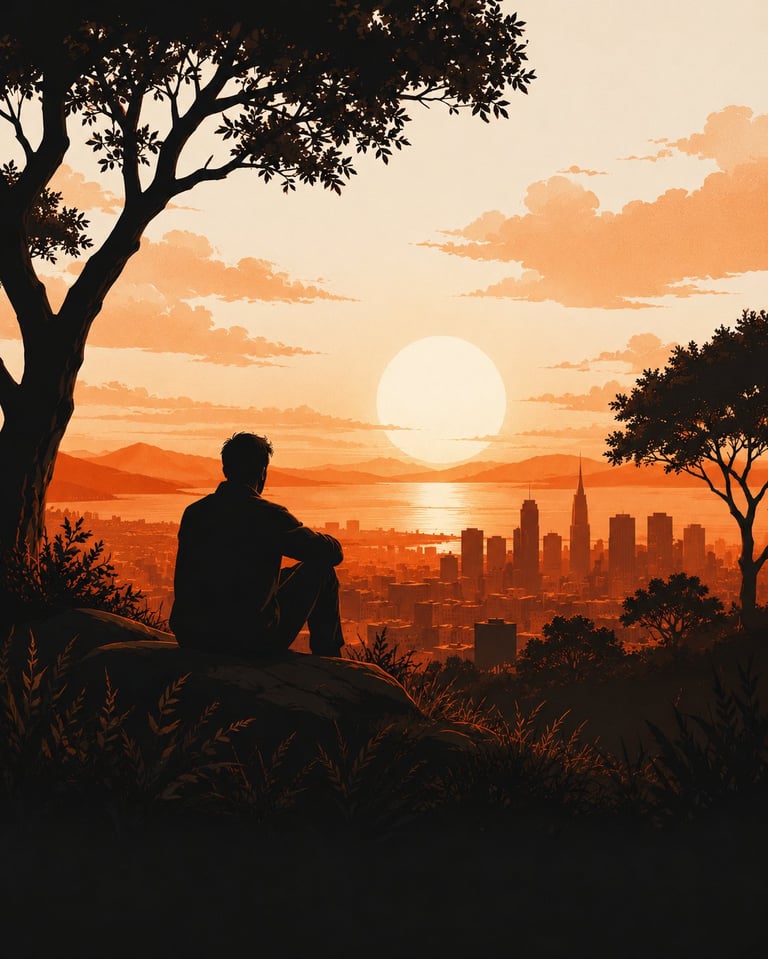 Silhouette of a person sitting on a hill overlooking a city skyline at sunset with golden sky and clouds