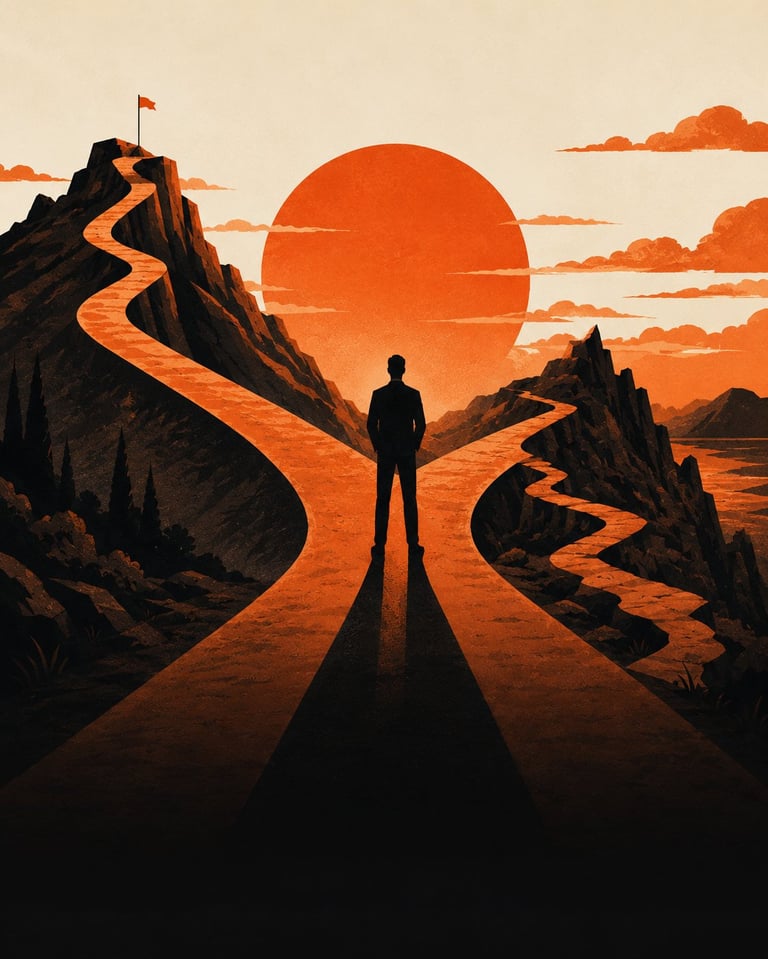 Silhouetted figure standing on a winding path between rocky cliffs facing a large orange sunset